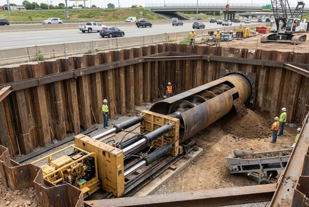 Horizontal auger boring machine installing steel casing in sheet pile shored pit beneath Texas highway