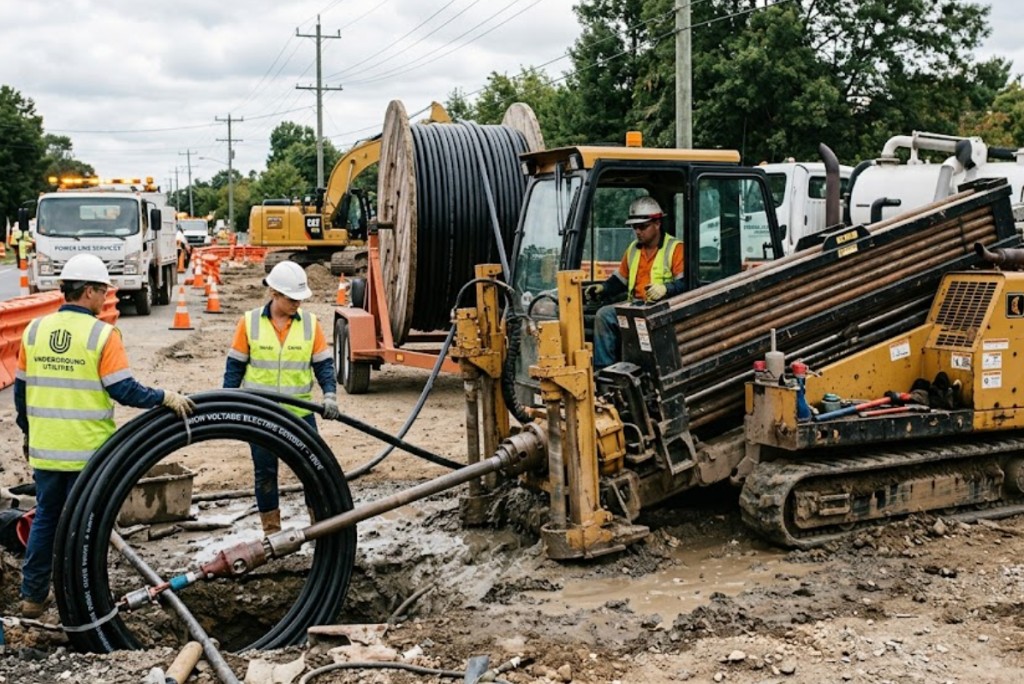 Horizontal directional drilling installing high voltage electric conduit underground at Texas power line project