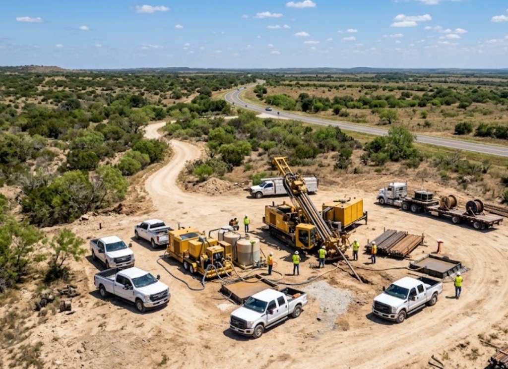 aerial view of directional drilling job site with rig, trucks, and highway crossing utility work