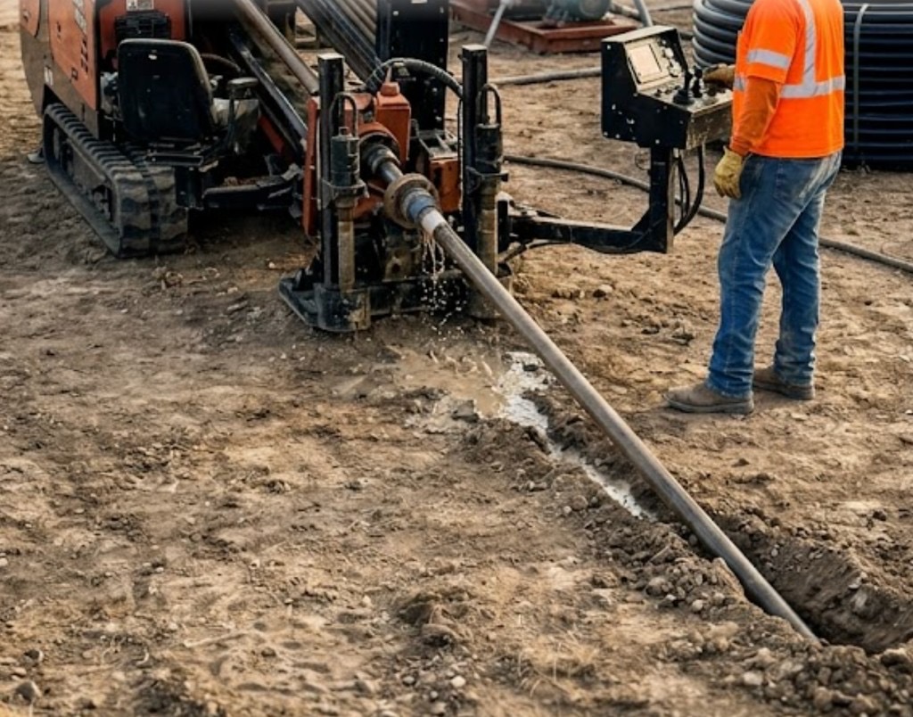 Directional boring process in Texas — close-up of directional boring machine inserting drill pipe into entry pit with drilling fluid