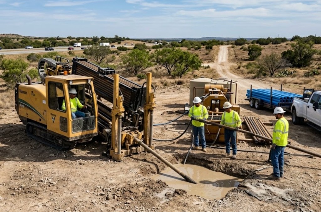 Vermeer directional drill rig and crew installing utilities near a Texas highway corridor